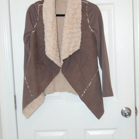 Favluv Fashion Women's Beige W/ Shearling Like Collar & Lining Open Coat Size S - Picture 1 of 11